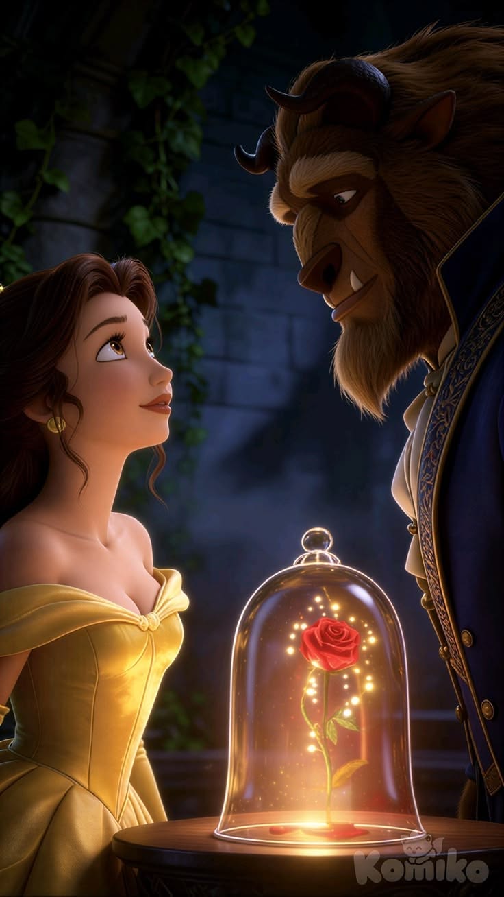 Bella y la Bestia junto a la rosa mágica iluminada